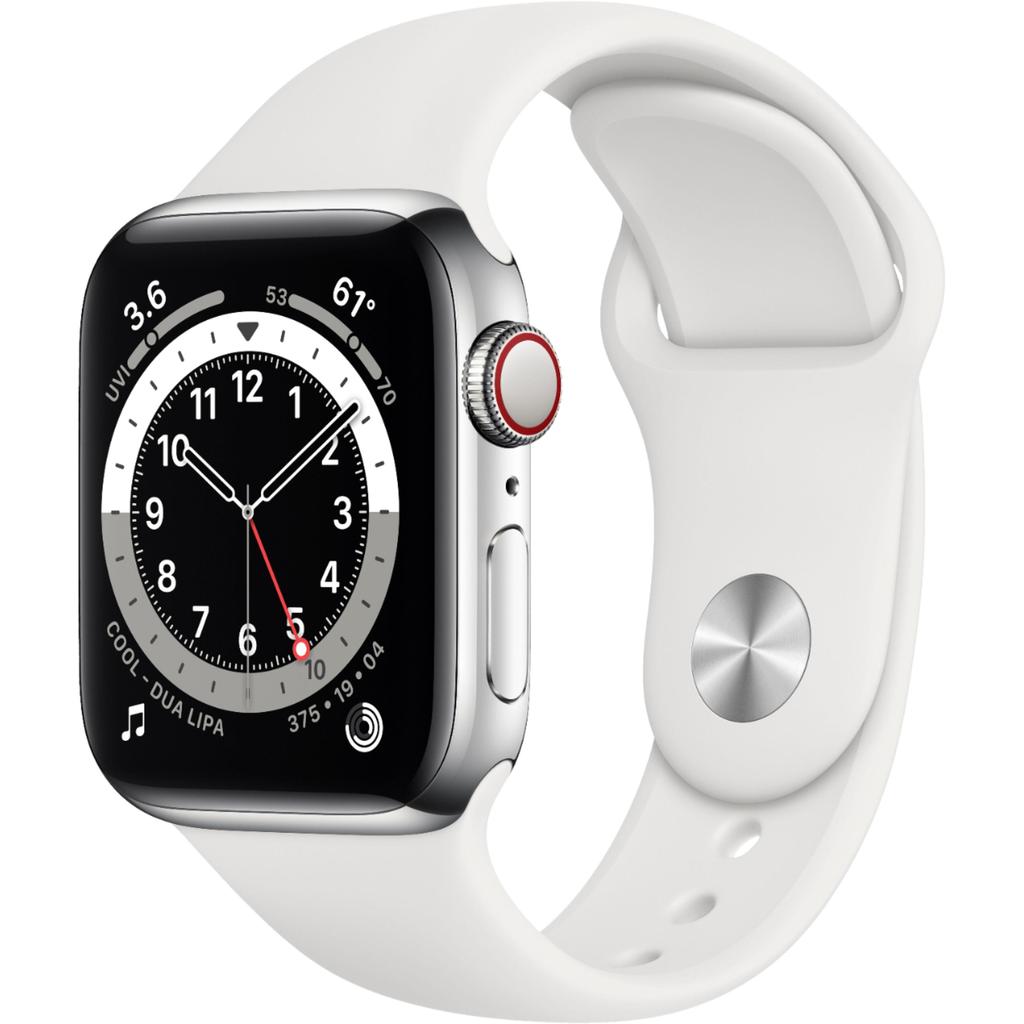 Apple Watch Series 6 (2020) GPS + Cellular 40 mm - Stainless steel Silver - Sport band White